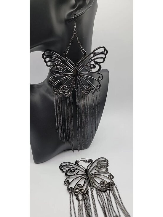 Source Unknown Jewelry - XXL Butterfly Runway Earrings Black Butterfly Tassel Statement Dangle Hooks  8"+